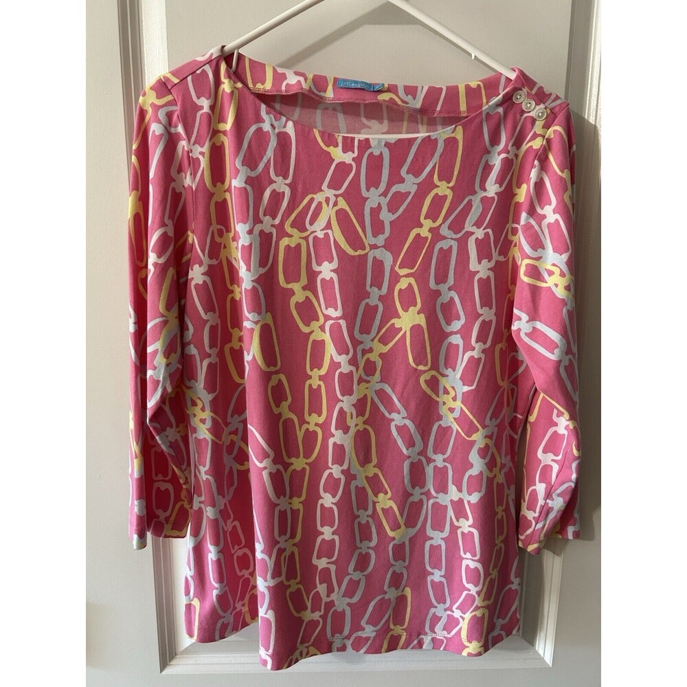 J McLaughlin Size Large Pink Chain link Print 3/4 Sleeve Top Nautical Preppy